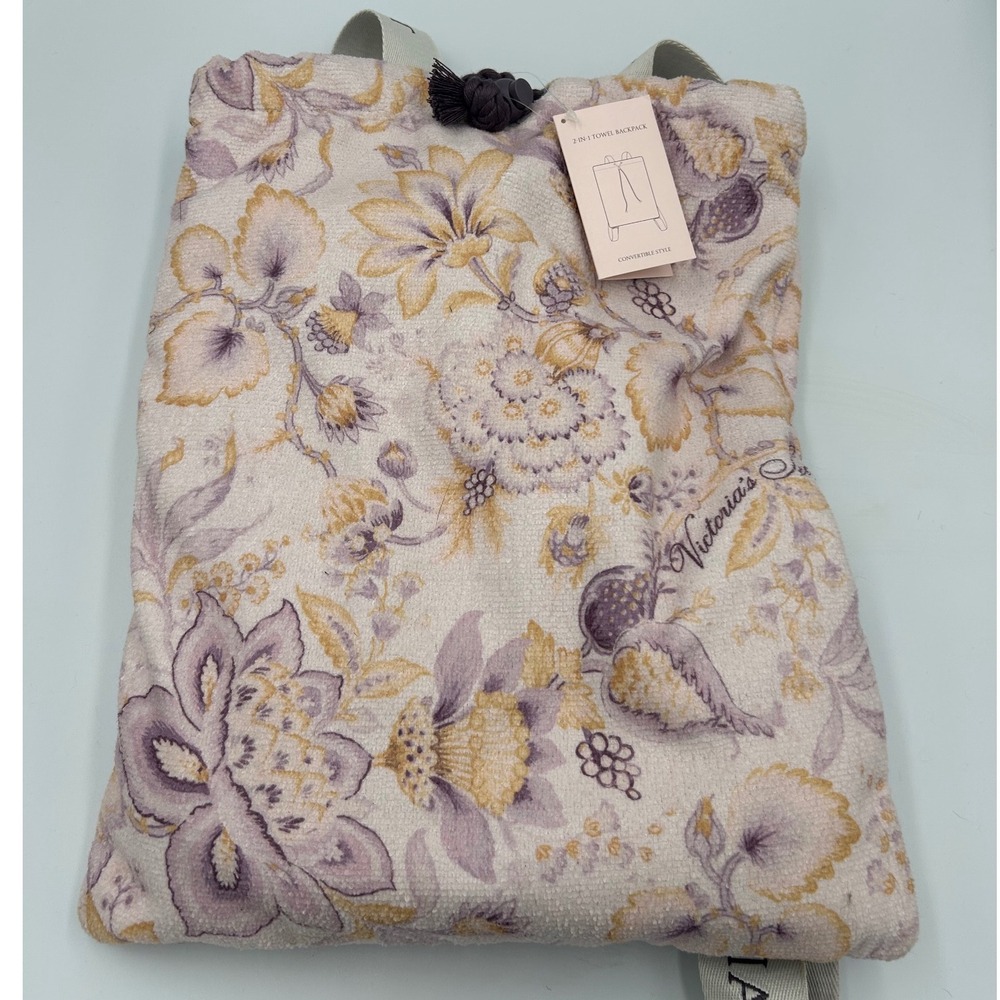 Victoria's Secret 2-in-1 Towel Backpack Floral Purple Gold Terry Cloth NWT